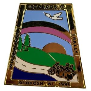 Vintage International Retreads Motorcycle 1995 Oshkosh Enamel Brass Jacket Pin